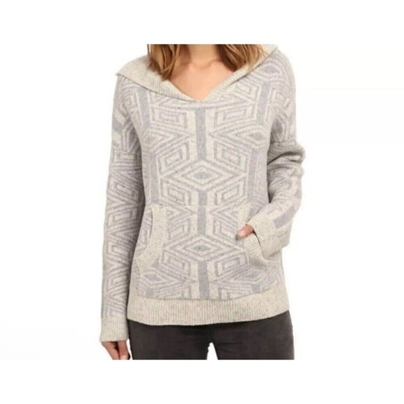Free People Wool Blend V-neck Sweater womens Size Large Gray White Hooded - Picture 1 of 10